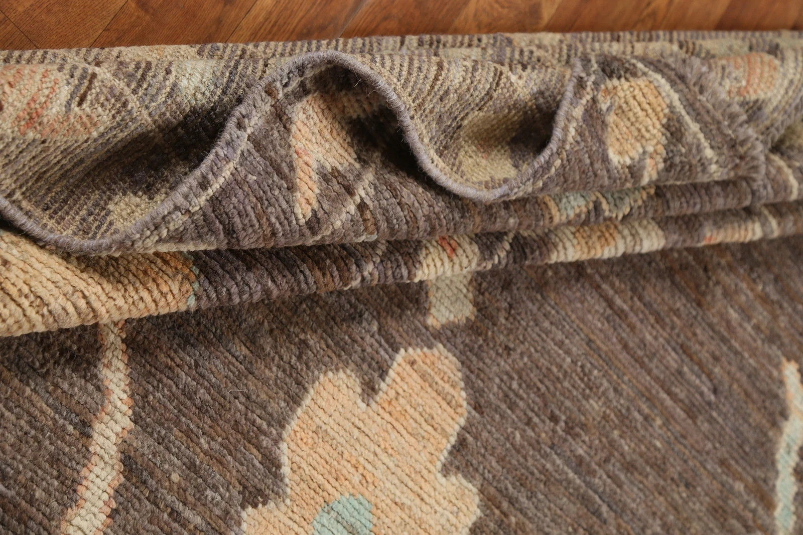 Hand Knotted Oushak Rug Brown Blue Wool Area Rug Tribal Geometric Turkish