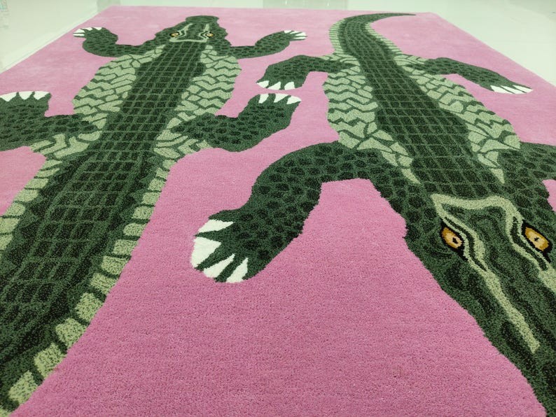 Hand Tufted Wool Animal Rug, Pink Crocodile Area Rug, Handmade Kids Room Carpet,