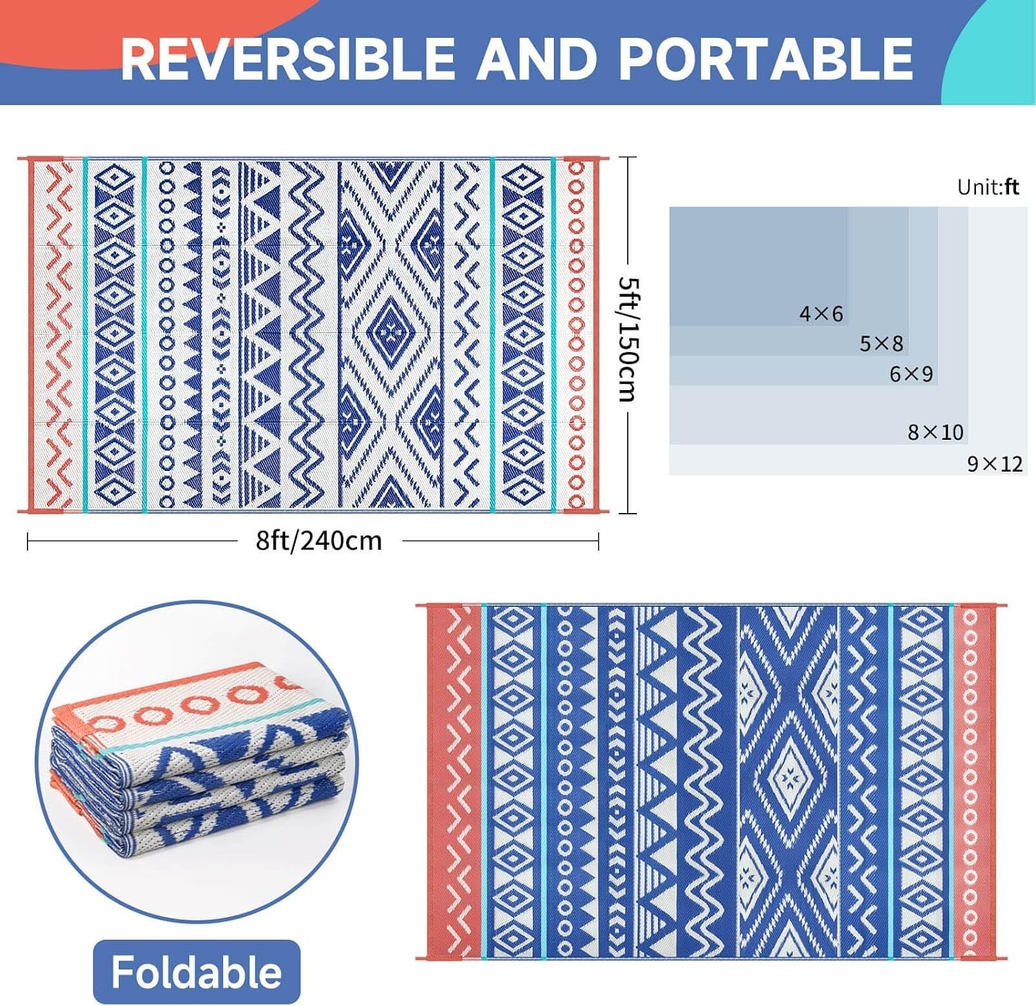 5×8 ft Waterproof Reversible Patio Rug – Perfect for RV Camping & Outdoors