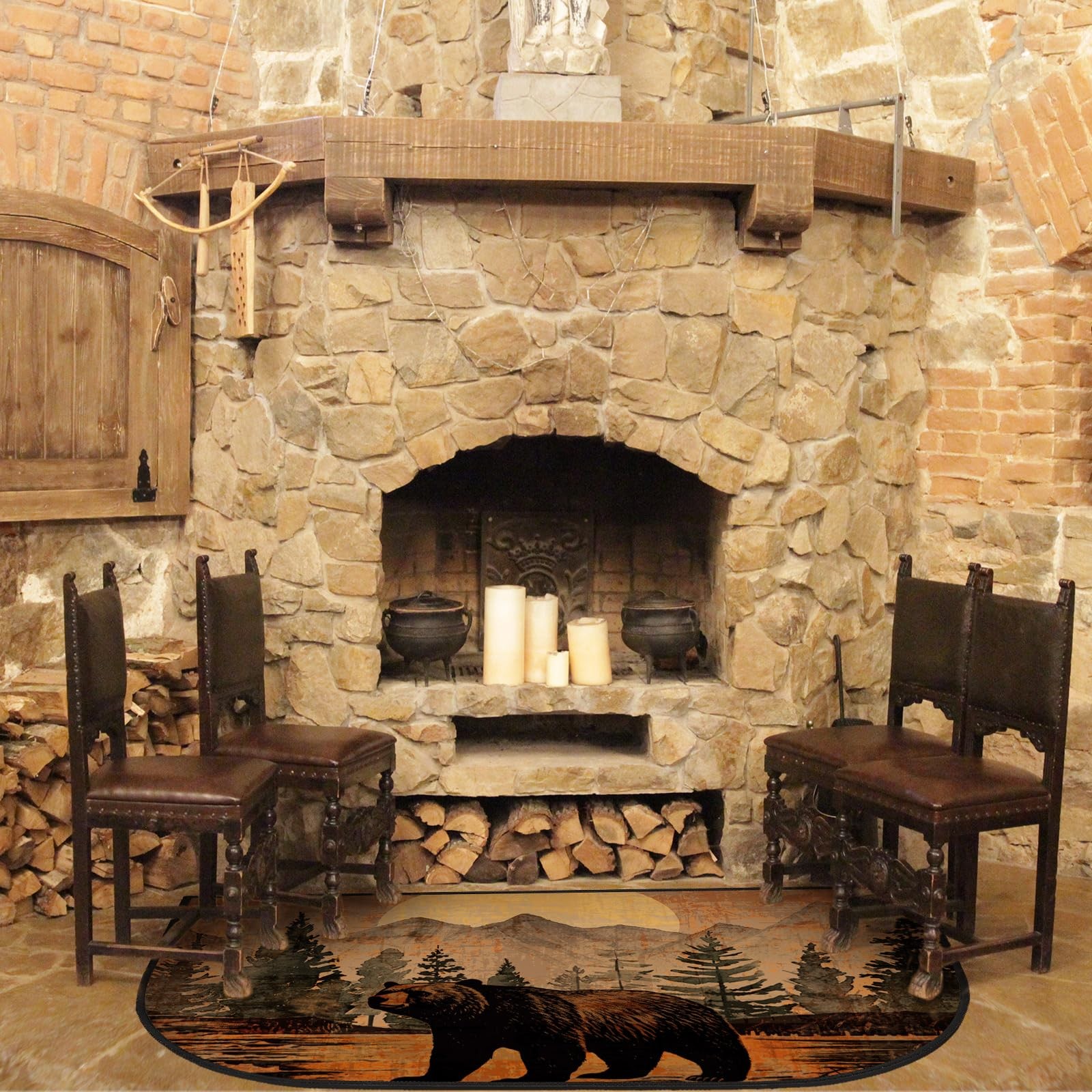 Demissle Fireplace Hearth Rug: Fireproof Cabin Southwestern Mat 24×59″ Bear Desi