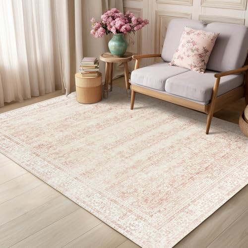 Pink Nursery Rug for Baby Girl 5 x 7 Neutral Blush Pink Boho Cute Floral