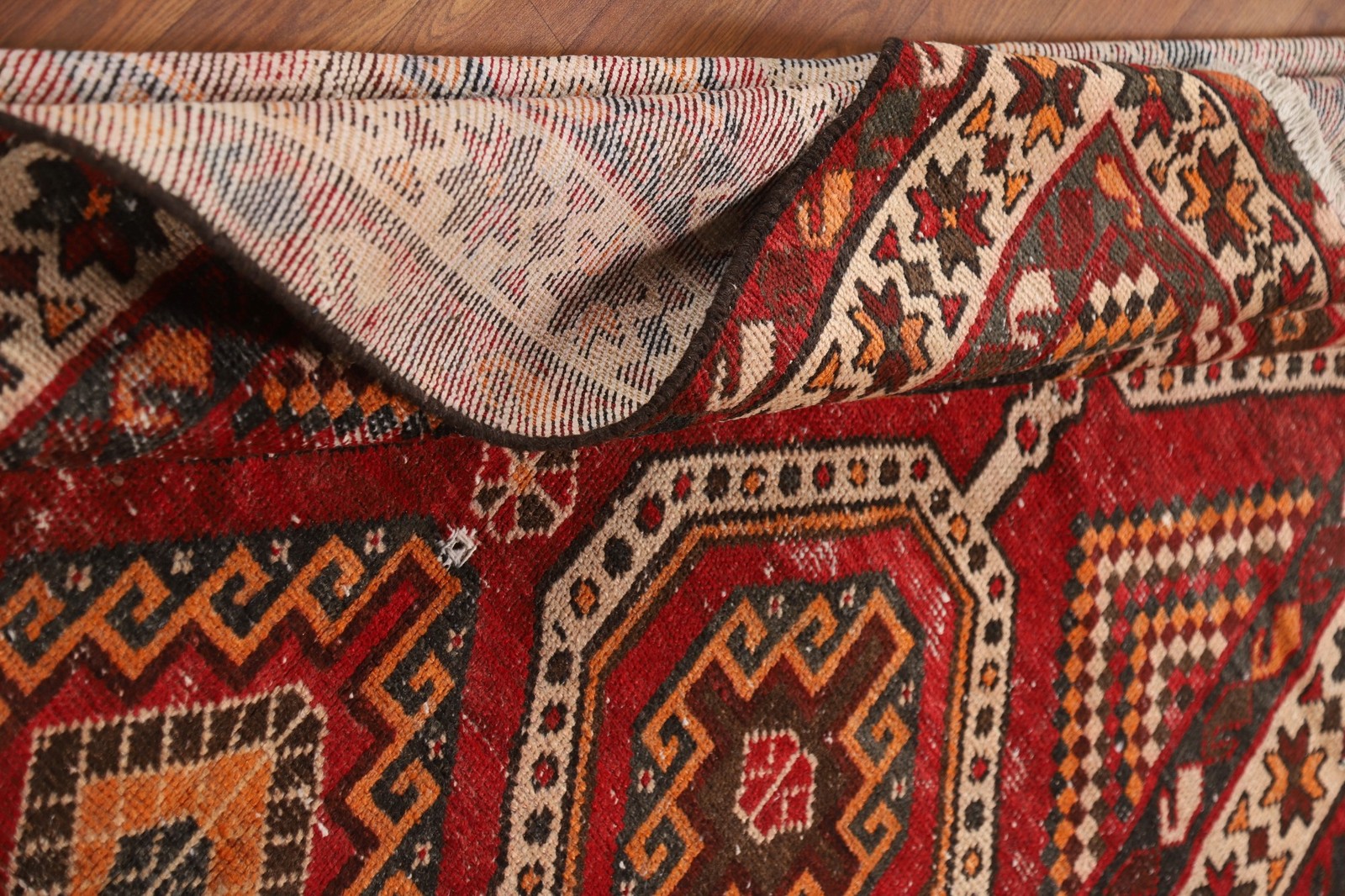 Red Geometric Tribal Area Rug 5×10 Hand-knotted Nomadic Vintage Wool Carpet