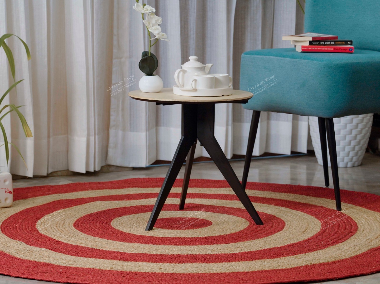 Circle Jute Rug Natural Braided Rug with red stripes border Home and living Room