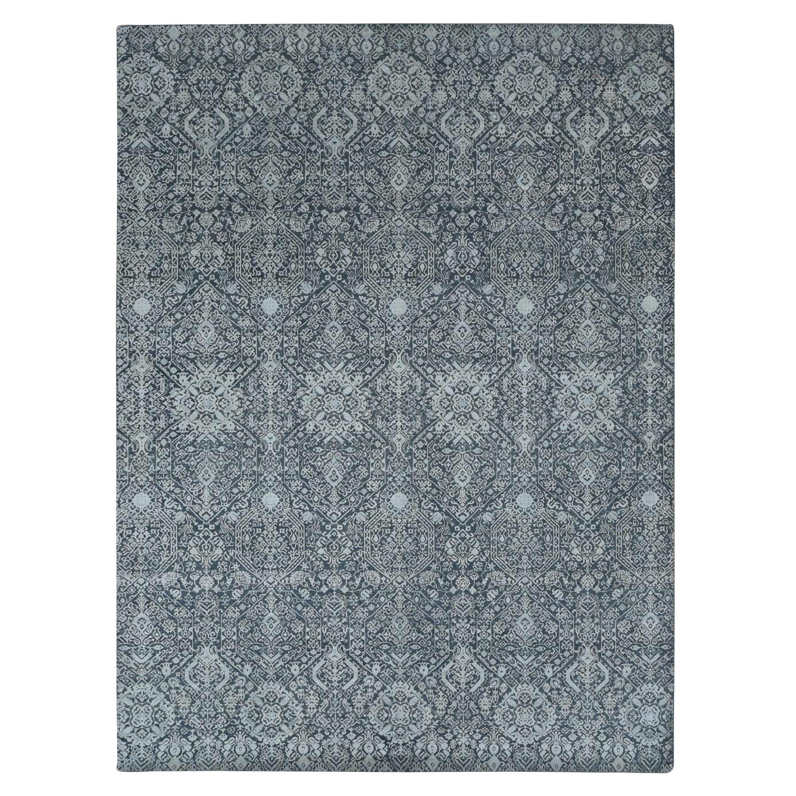 9’x12’2″ Cloud Gray Silk with Wool Jewelry Design Hand Knotted Rug R87094