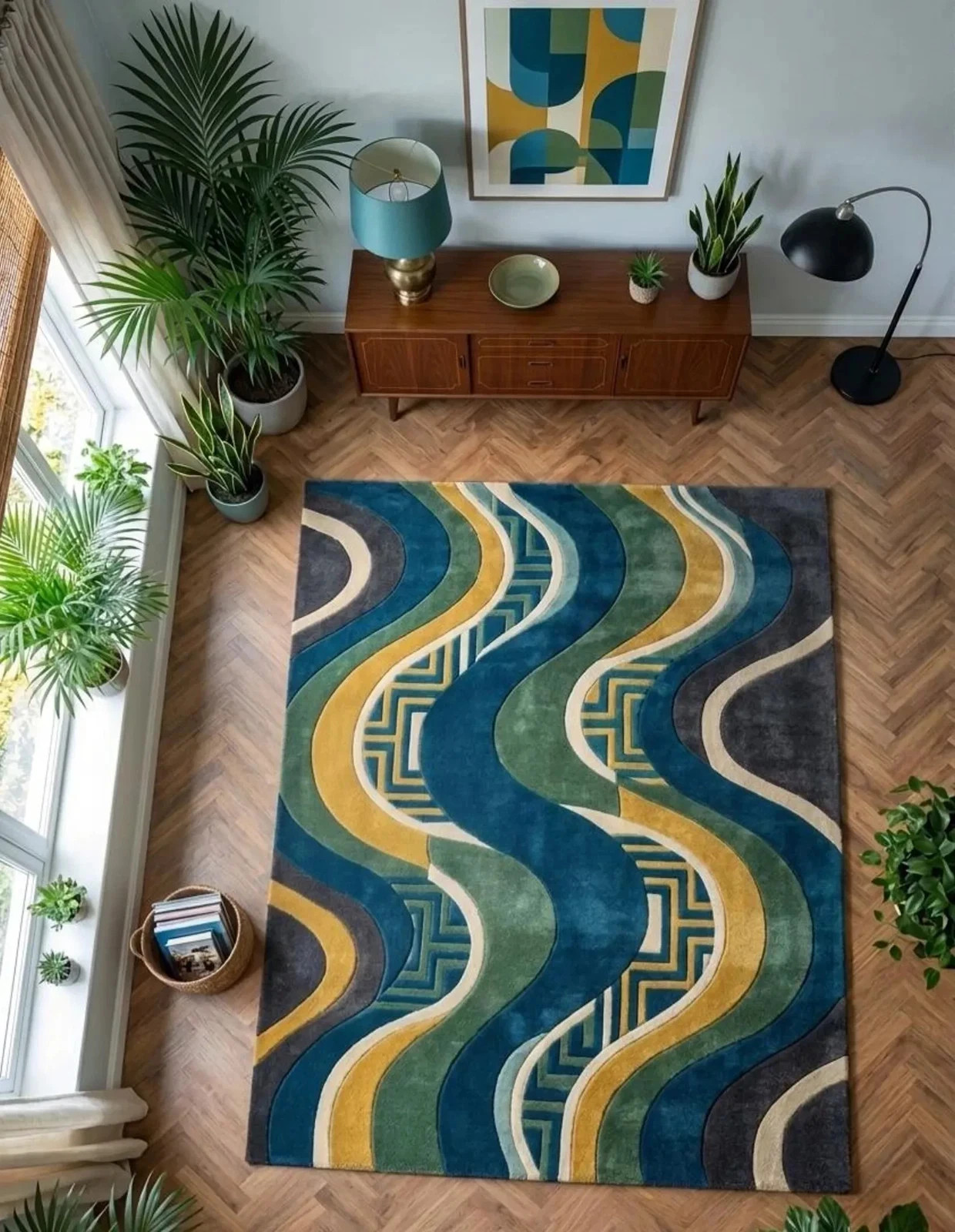 Hand Tufted 100% Wool Rug: Modern Abstract Wave Blue Green Area Carpet