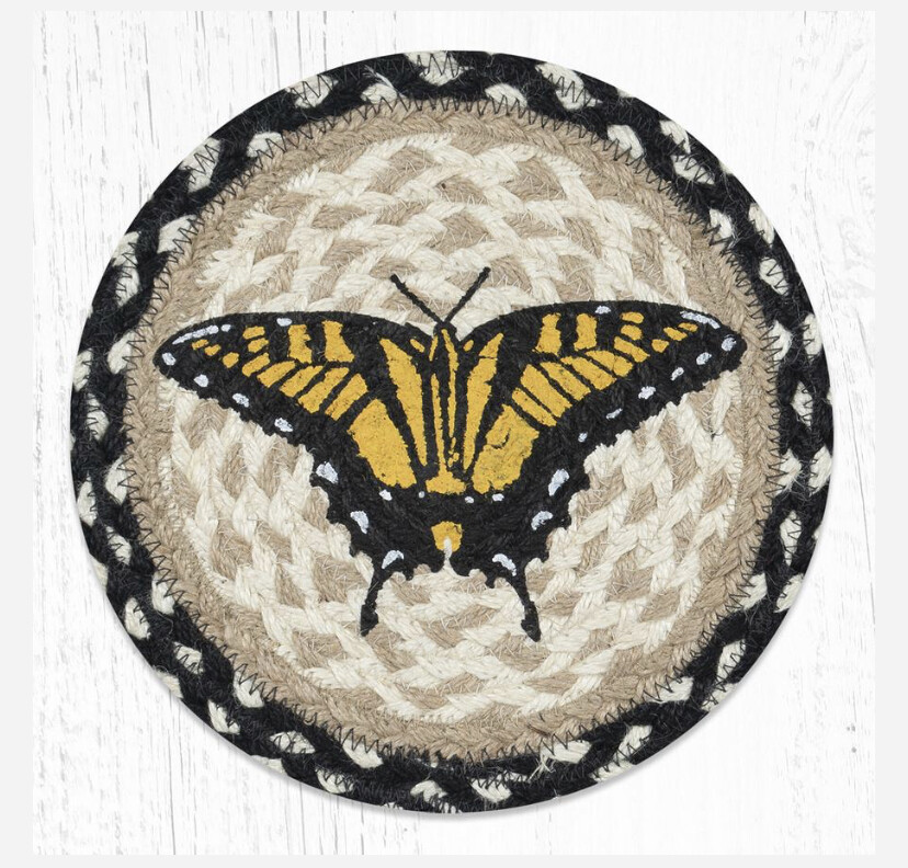 Set of 2 Braided Jute Round Placemat/Trivet/Swatch. BUTTERFLY. Earth Rugs.10″