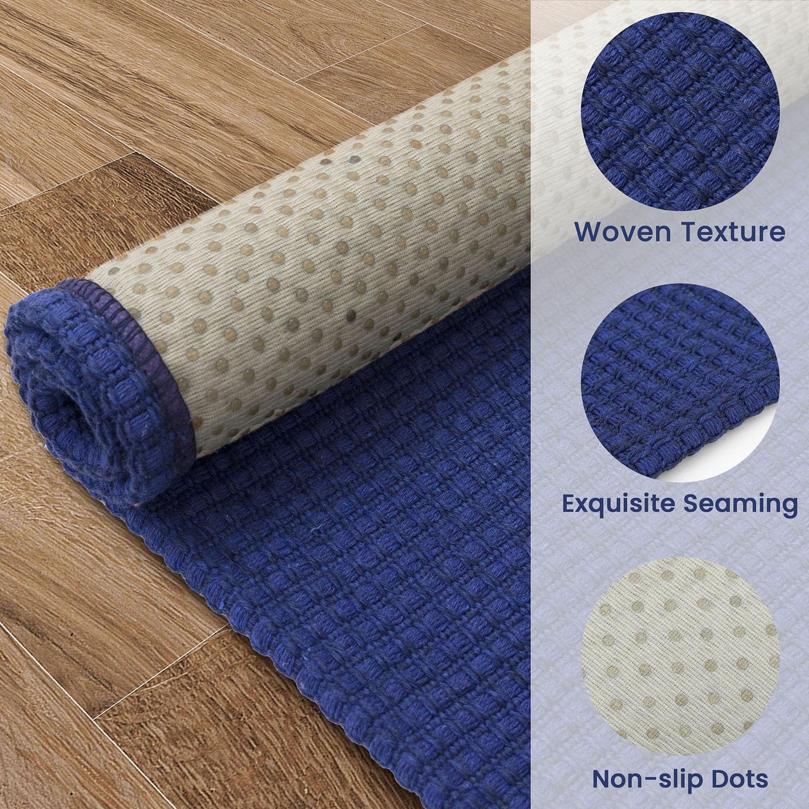 EARTHALL Woven Runner Rug 2×8 Ft Royal Blue/Navy Cotton Non Slip Rubber Backed