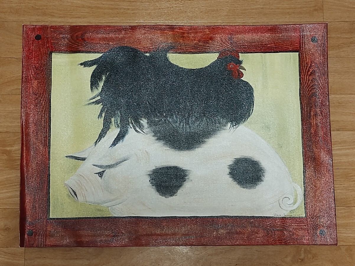 Hand-painted floorcloth featuring pig & rooster with barnwood border