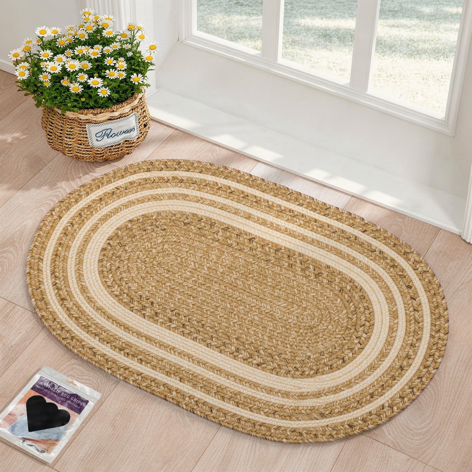 2×3 Oval Braided Entryway Rug Natural Color Farmhouse Kitchen Mat