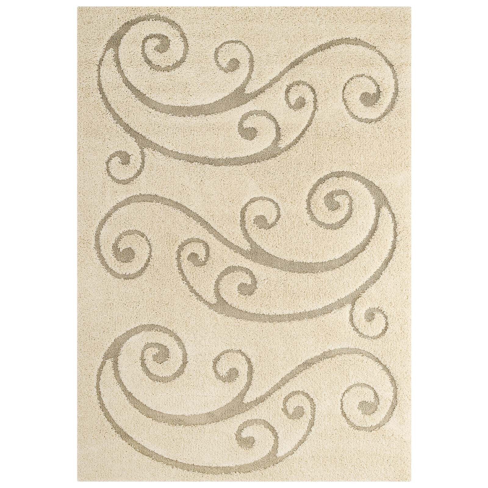 Modway Jubilant Sprout Scrolling Vine 5×8 Shag Area Rug in Creame and Beige