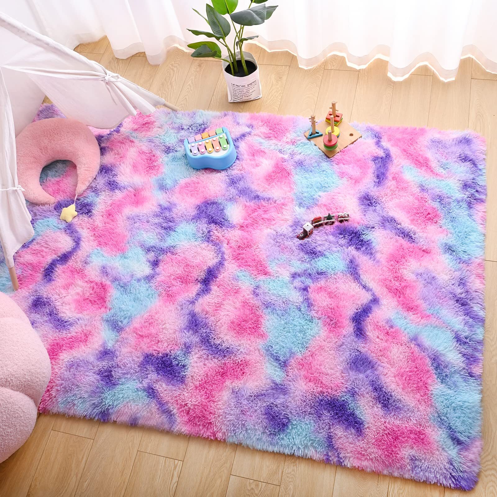 Soft Fluffy Rainbow Area Rug Ideal for Girls’ Bedrooms Hot Pink 4×6 Feet