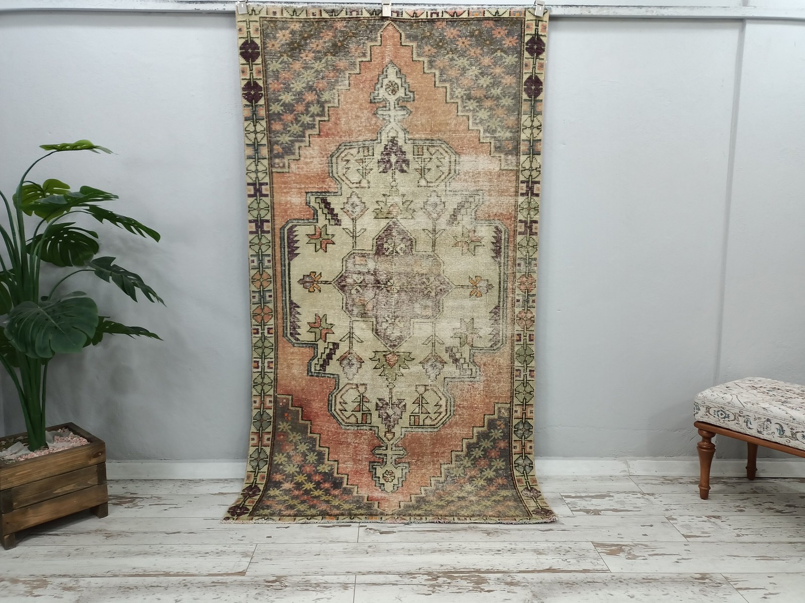 Turkish Oushak Rug Vintage Handknotted Wool 4.2×7.6 Ft Faded Farmhouse