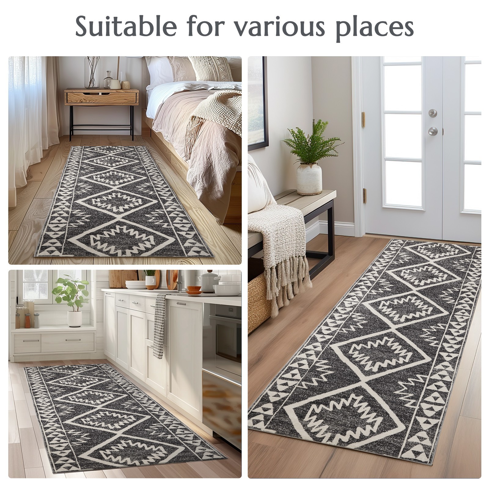 2×8 Runner Rug black Washable Modern Mat Soft Low Pile Non Slip Accent Mat