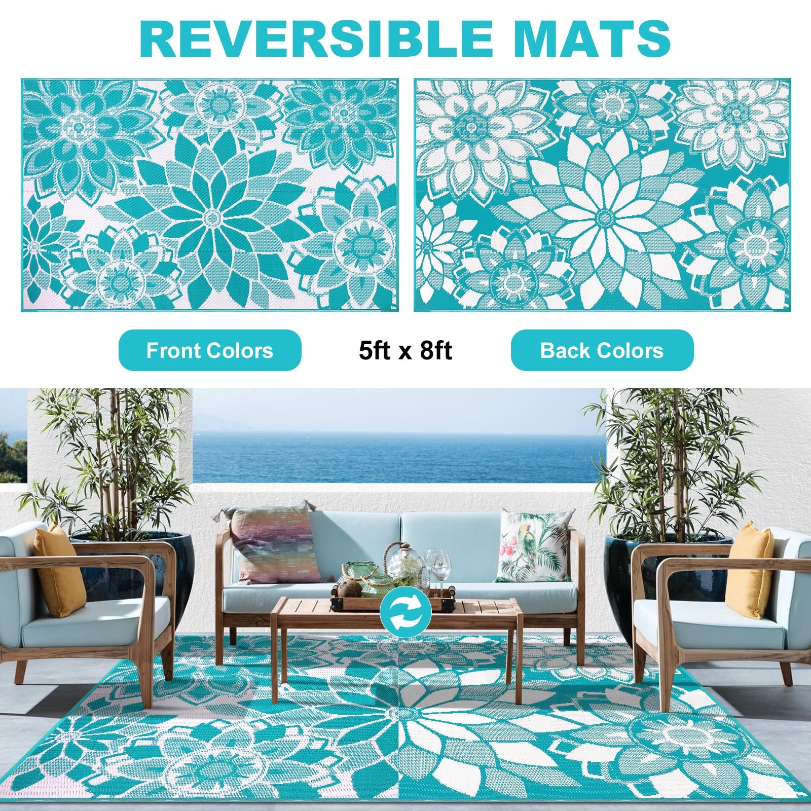 Outdoor Rug for Patio 5×8 ft Reversible Plastic Straw Patio Camping Rug, Flor…