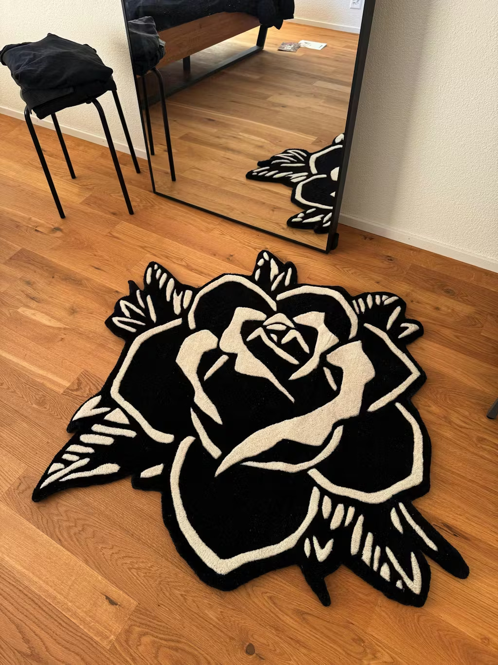 Blackwork Rose Tattoo Rug Inked Floral Hand Tufted Wool Area Rug Decor