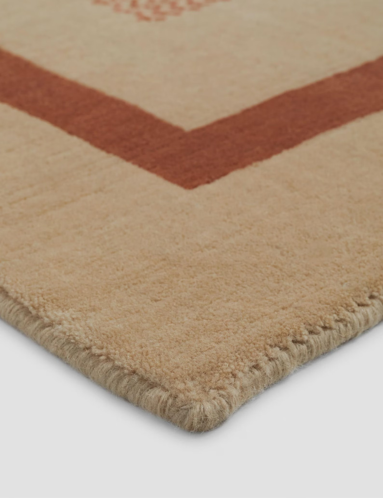 Hand Tufted Wool Rug – Abstract Border, Beige Rust Sage Green, Modern Carpet.
