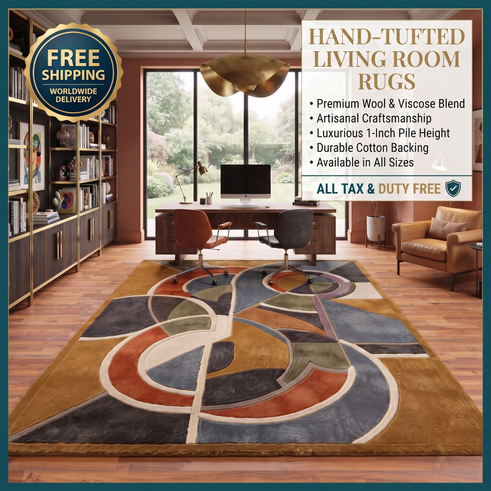 Modern Abstract Hand Tufted Area Rug in Mustard Yellow / Gold & Steel , High Low