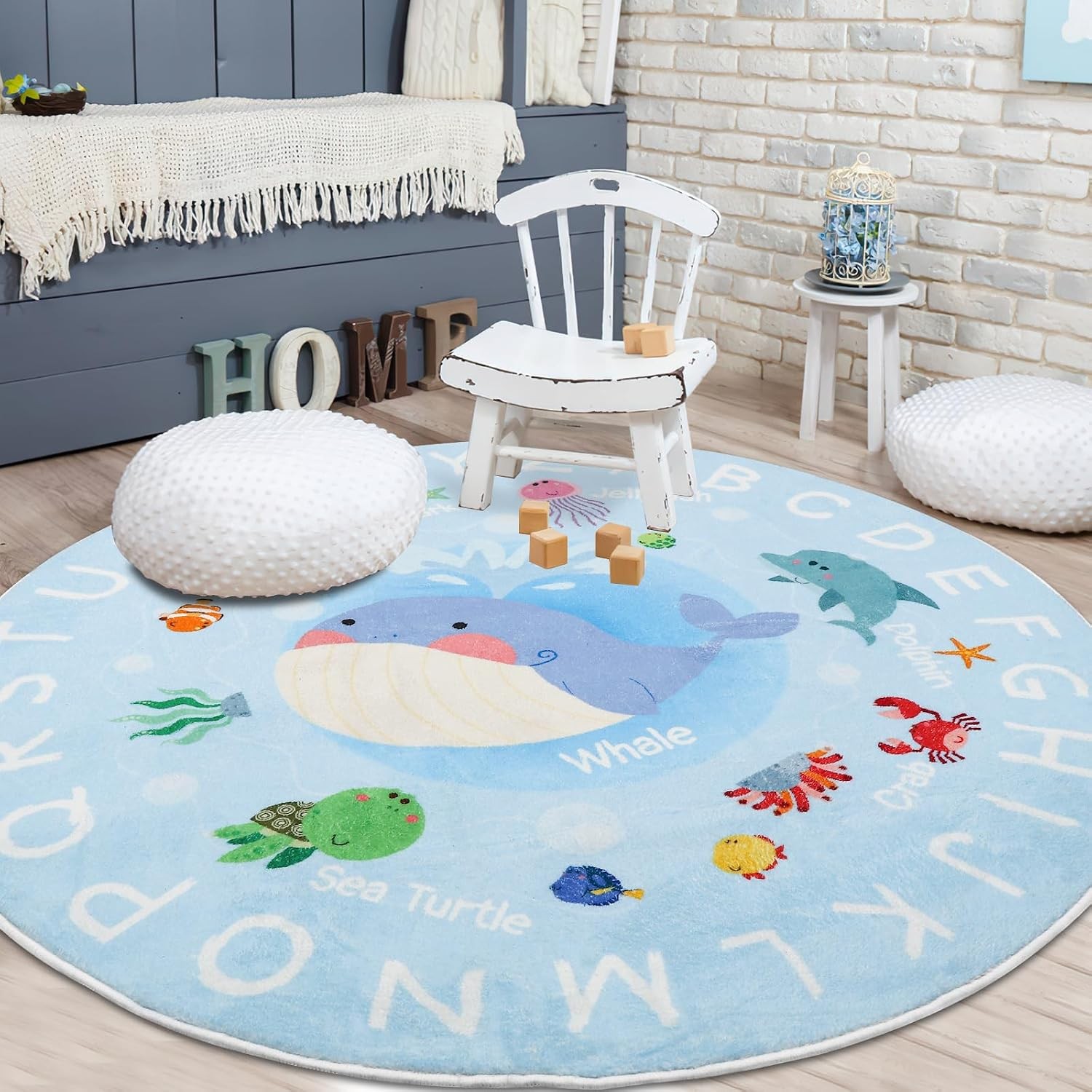 Soft Round ABC Rug for Kids Room,5.2 ft Washable Circle Rug,Non-Slip Whale