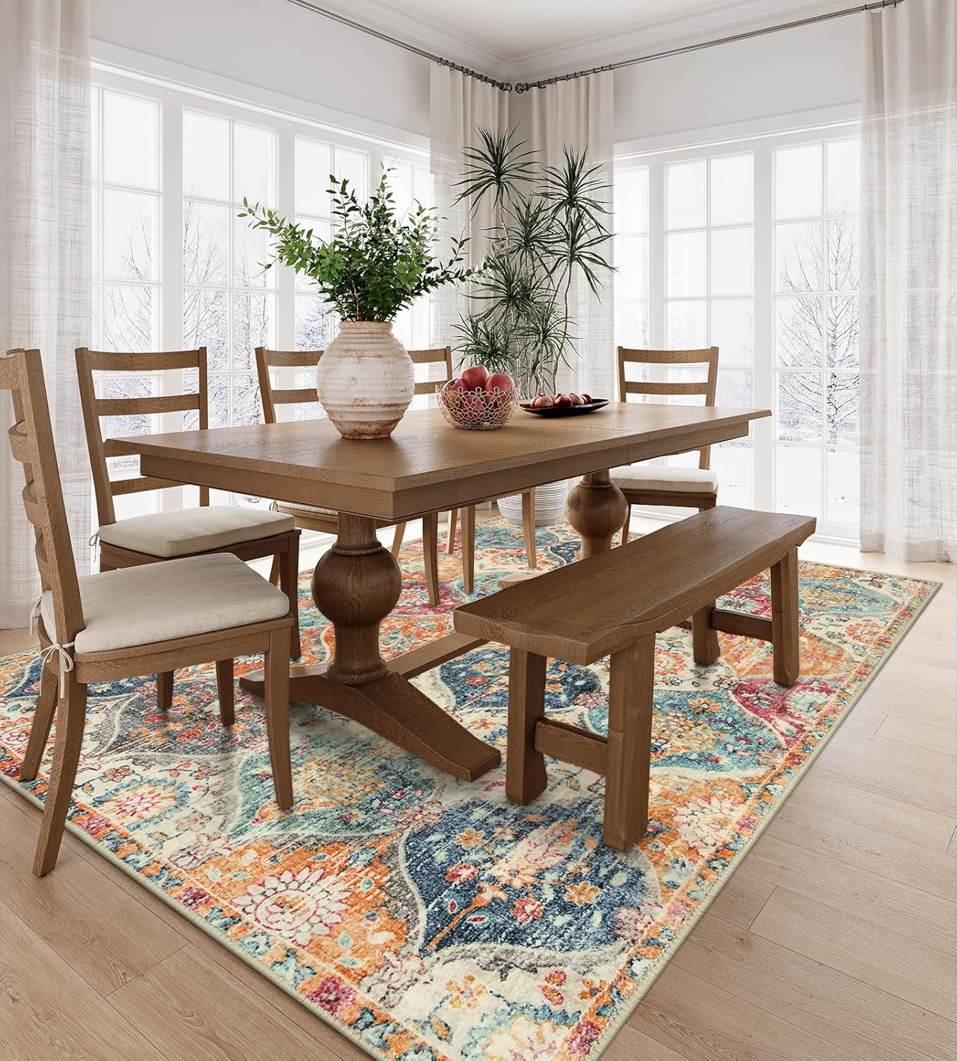 Moroccan 5×8 Ultra-Thin Washable Area Rug for Living Room & Bedroom, Cream/Multi