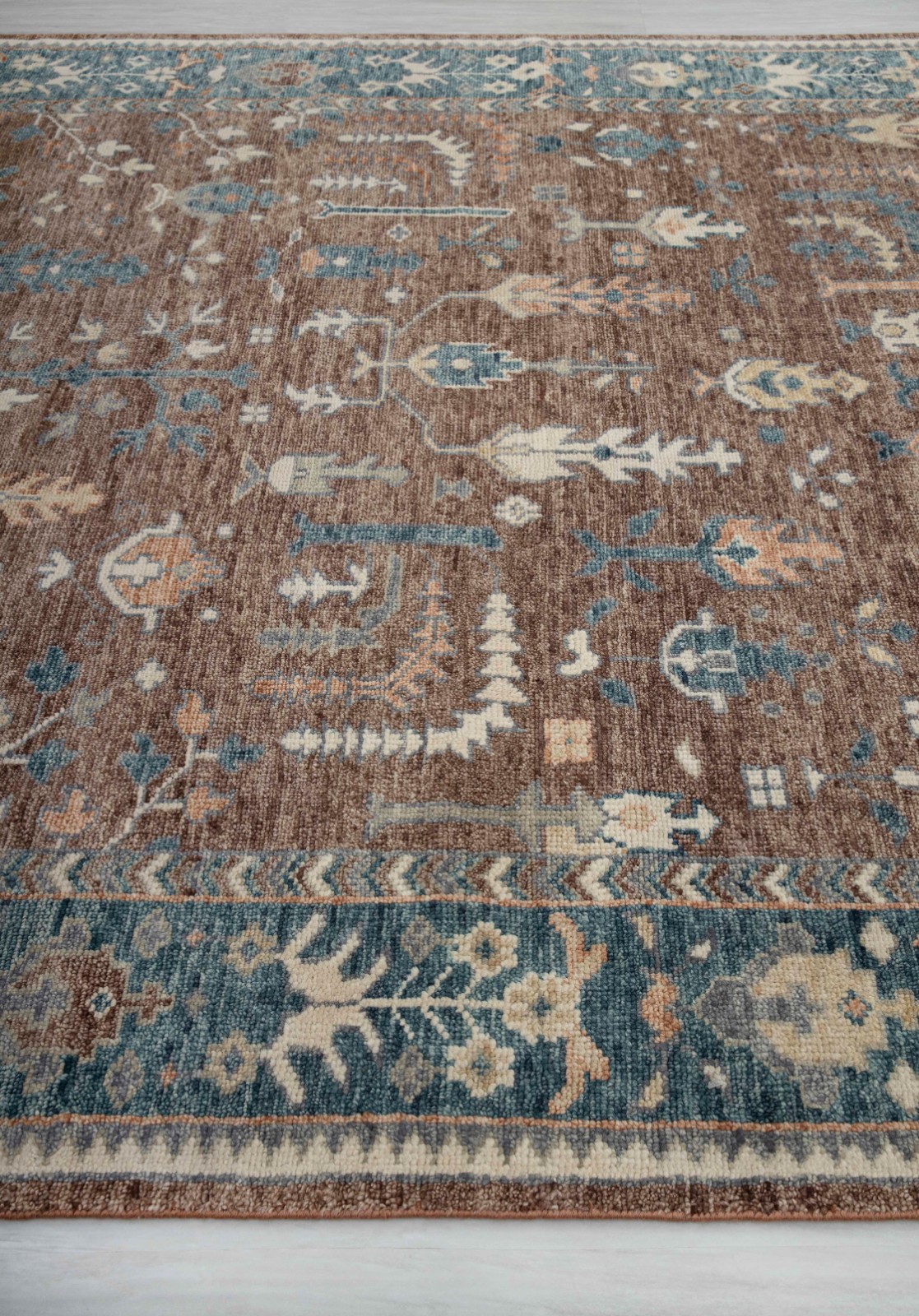 9×12 Brown Blue Cypress Tree Design Hand Knotted Soft Wool Persiann Oushak Rug