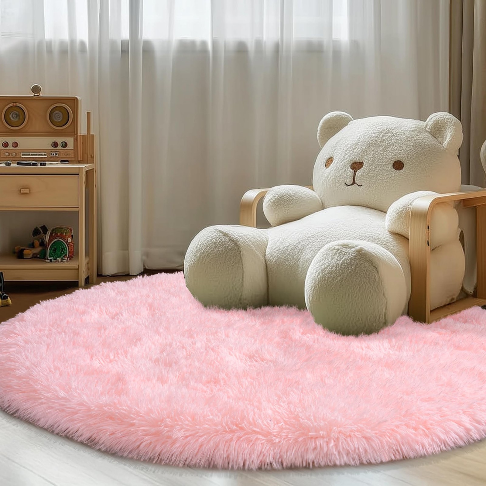 Round Fluffy Pink Rug for Bedroom, 4Ft Fuzzy Shag Circle Area Rug for Girls K…