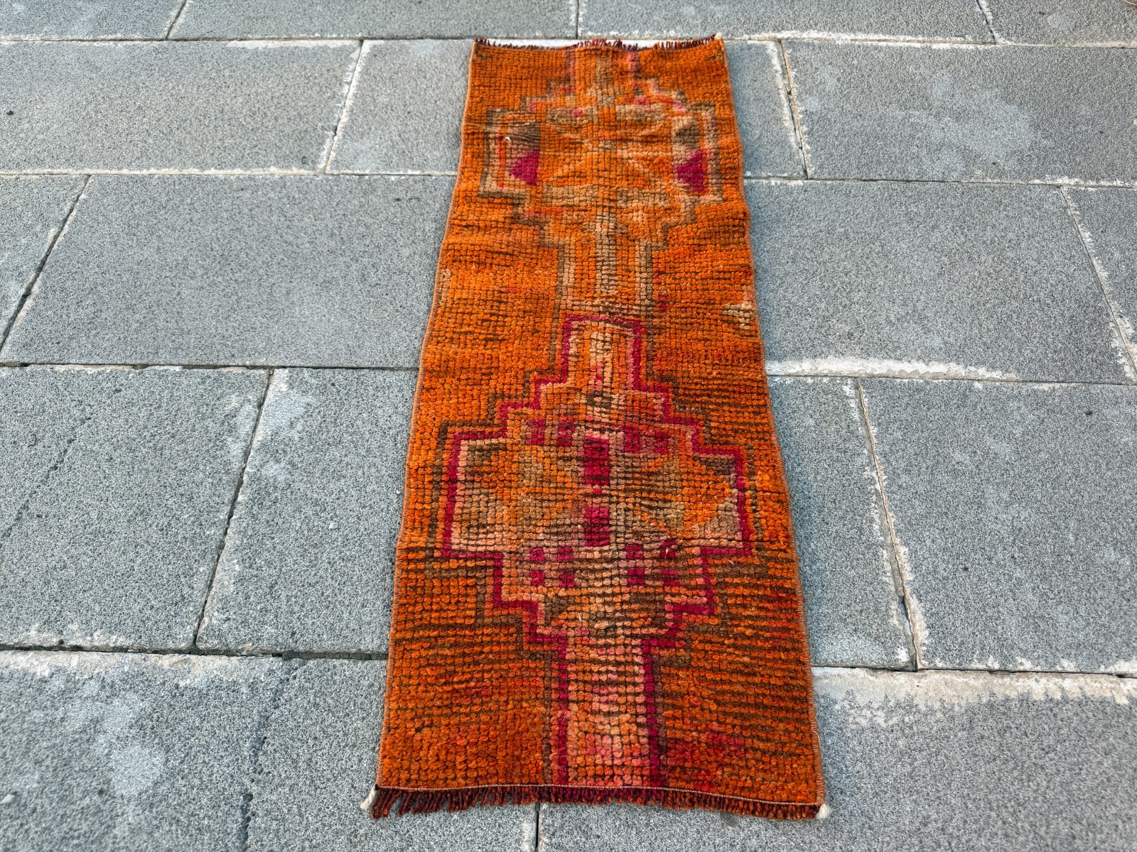 Vintage Turkish Rug 1.1×3.2 Ft Orange Handmade Wool Anatolian Hallway Rug Tribal