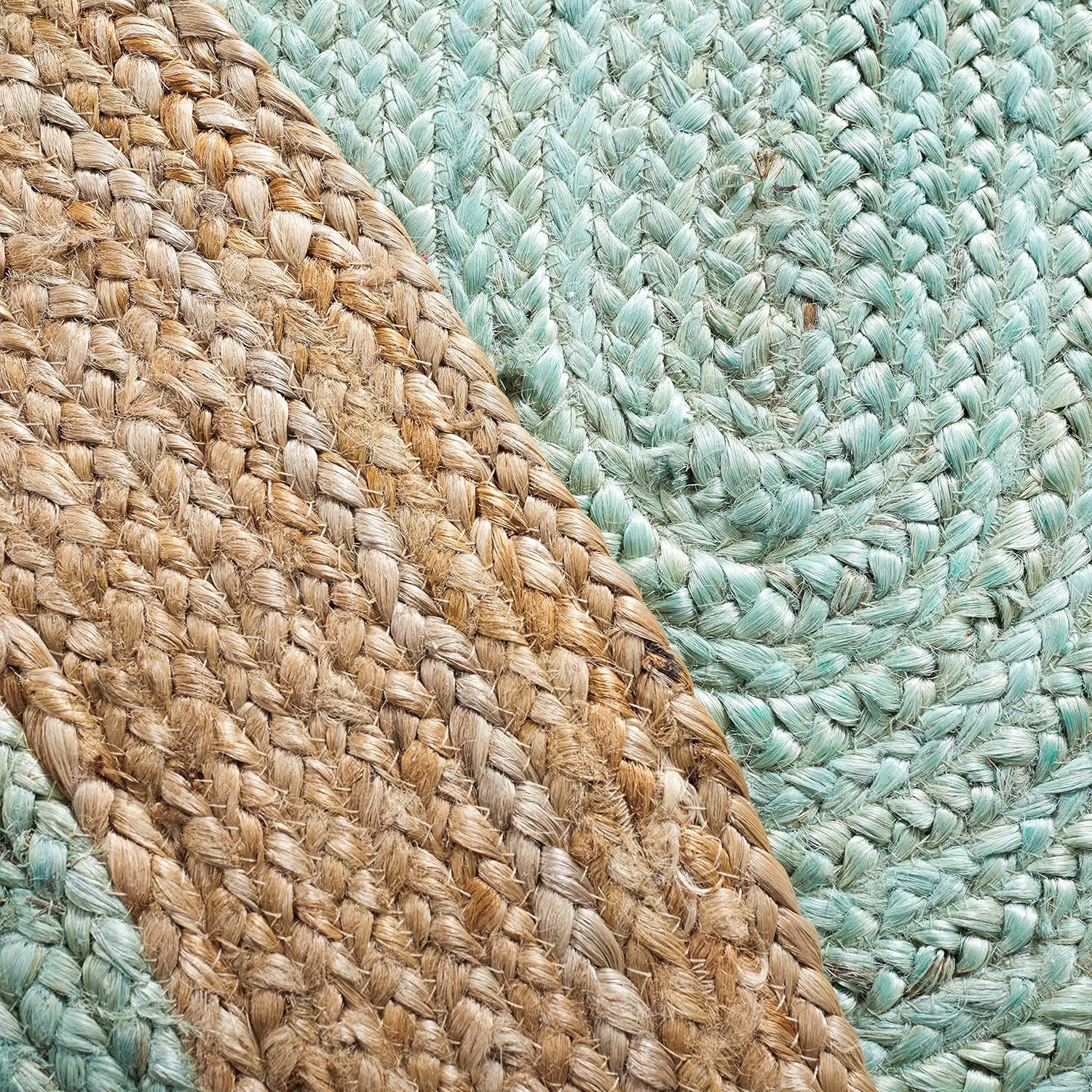 Handmade Aqua Blue & Natural Brown Jute Area Rug – 6′ Round, Braided Design