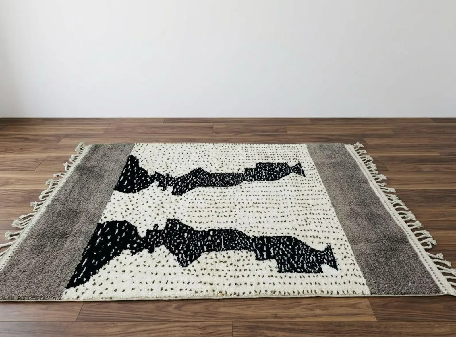 Handmade Beni Ouraina Rug Moroccan Berber Wool Carpet Black Ivory Tribal Design