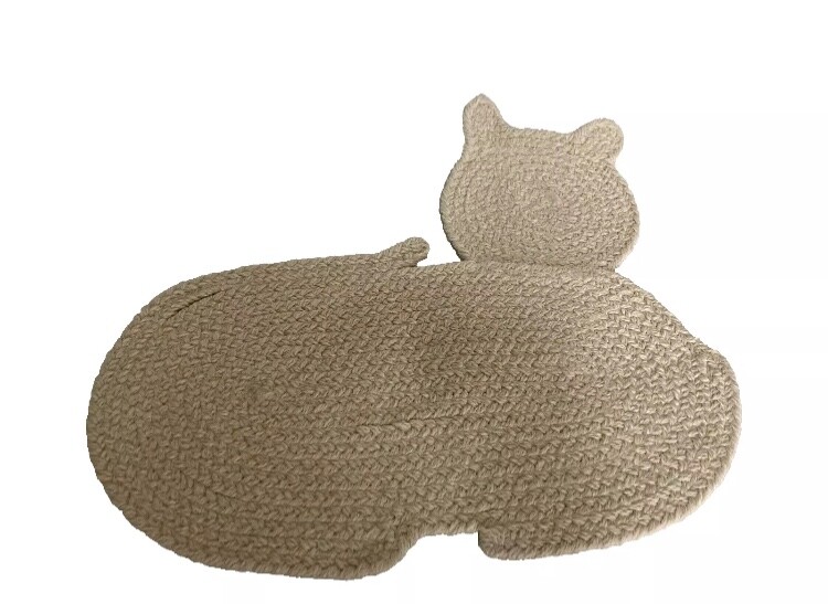 Feline Kitty Kitten Cat Shape Braided Rug Ivory Litter Food Mat