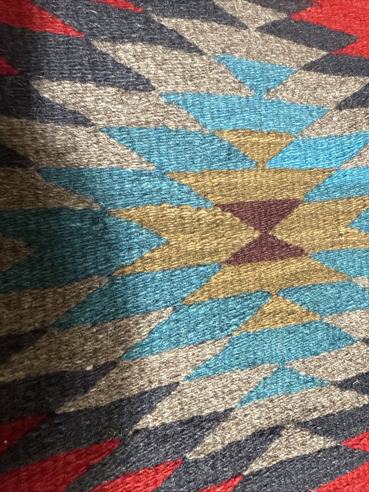 Vintage Native Aztek Design Woven Wool Rug 60×31” Beautiful Double Sided Fringe
