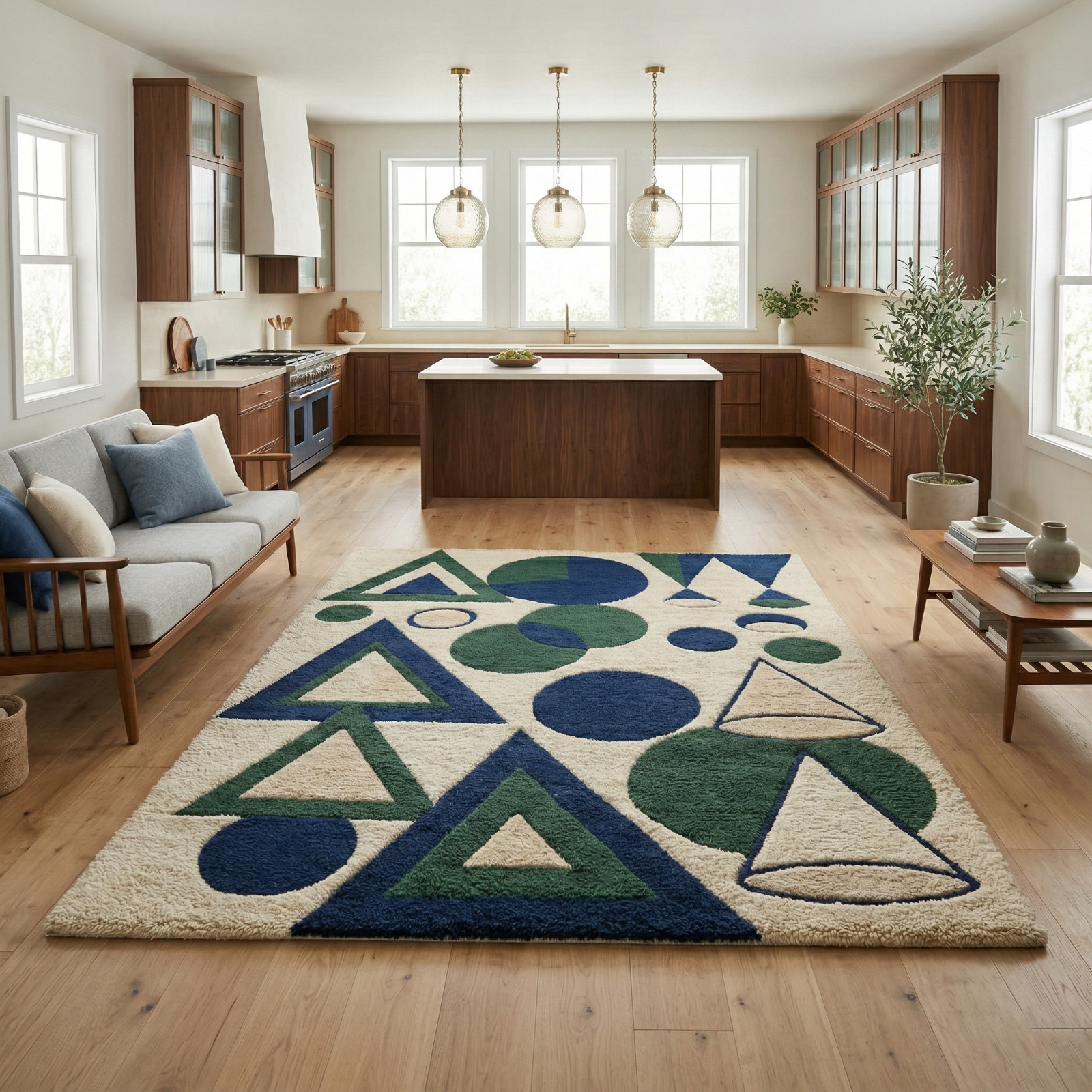 9×12 Hand Tufted Wool Area Rug Navy Green Geometric Modern Carpet Living Room