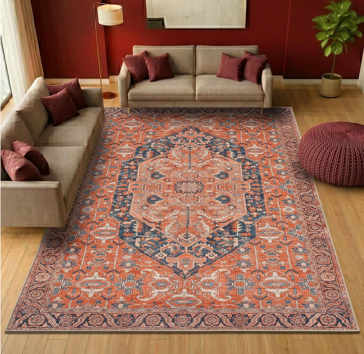 Keen Home Design Orange/Blue 8×10 Tide Rug Washable Non-Slip Backing Vintage