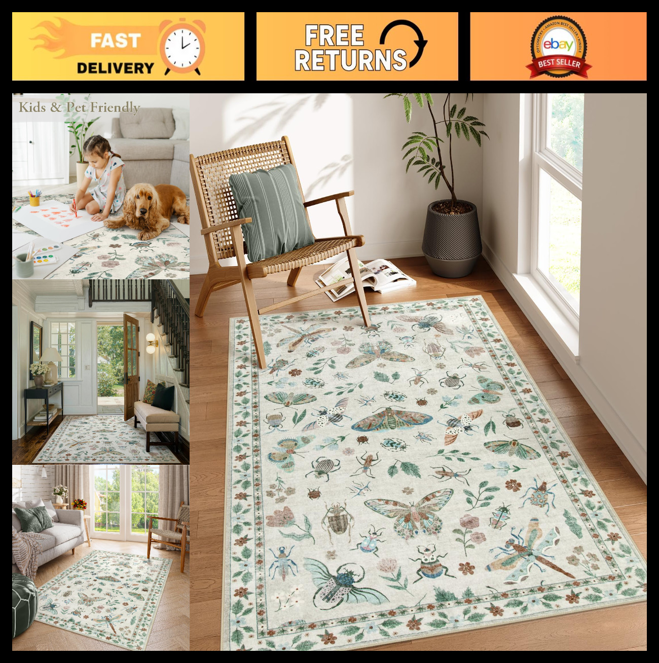 Washable 3×5 Soft Insect Rug | Non-Slip Ultra-Thin Stain Resistant Carpet for En