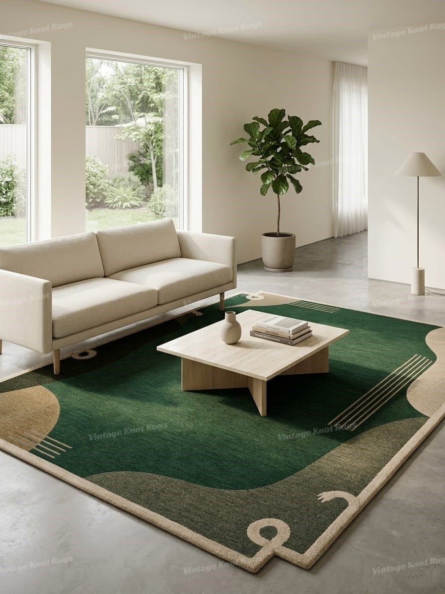 Hand Tufted Emerald Green Wool Area Rug 8×10 Abstract Modern Handmade Area Rug