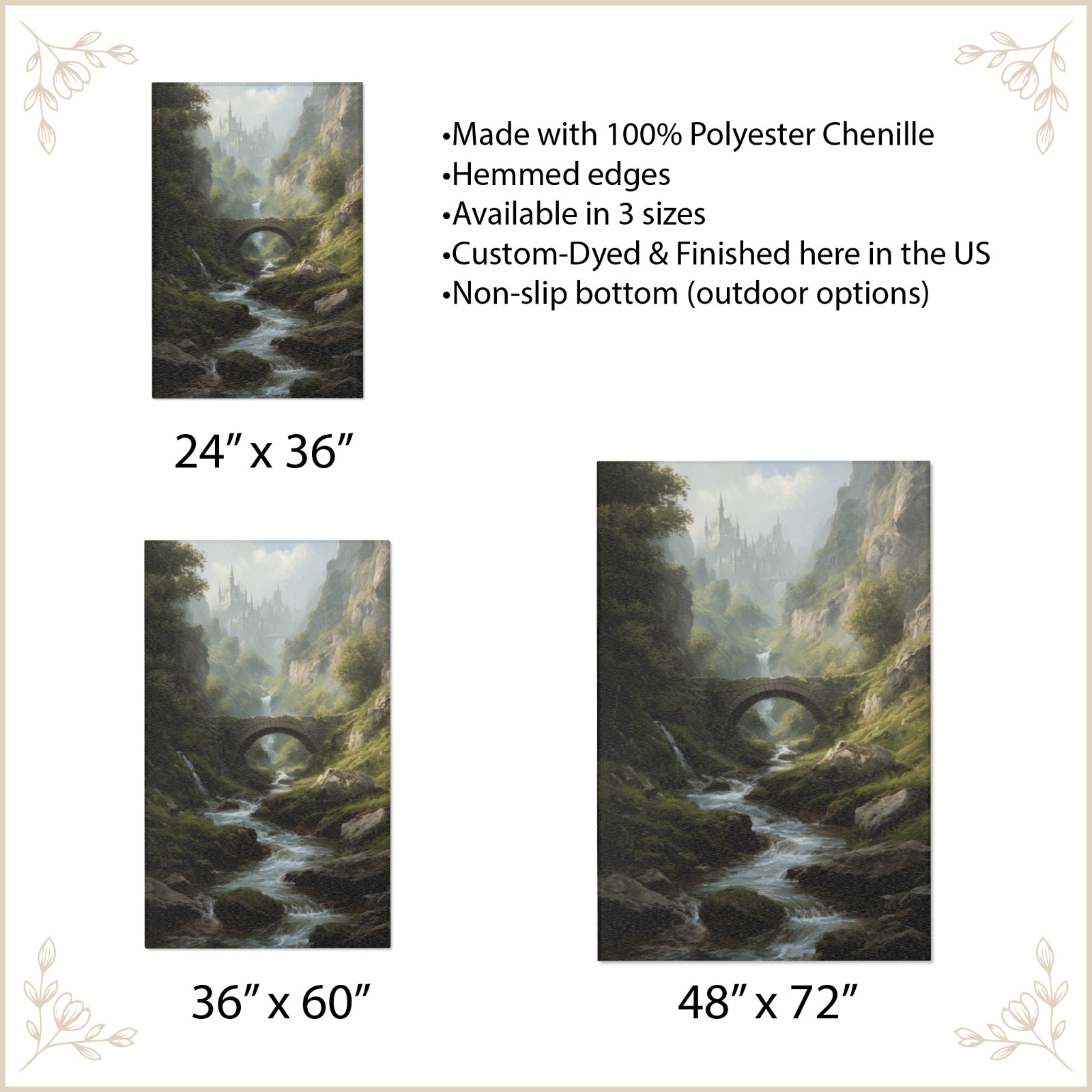 Fantasy Castle Landscape Area Rug, Enchanted Forest Stone Bridge River Rug, Dark