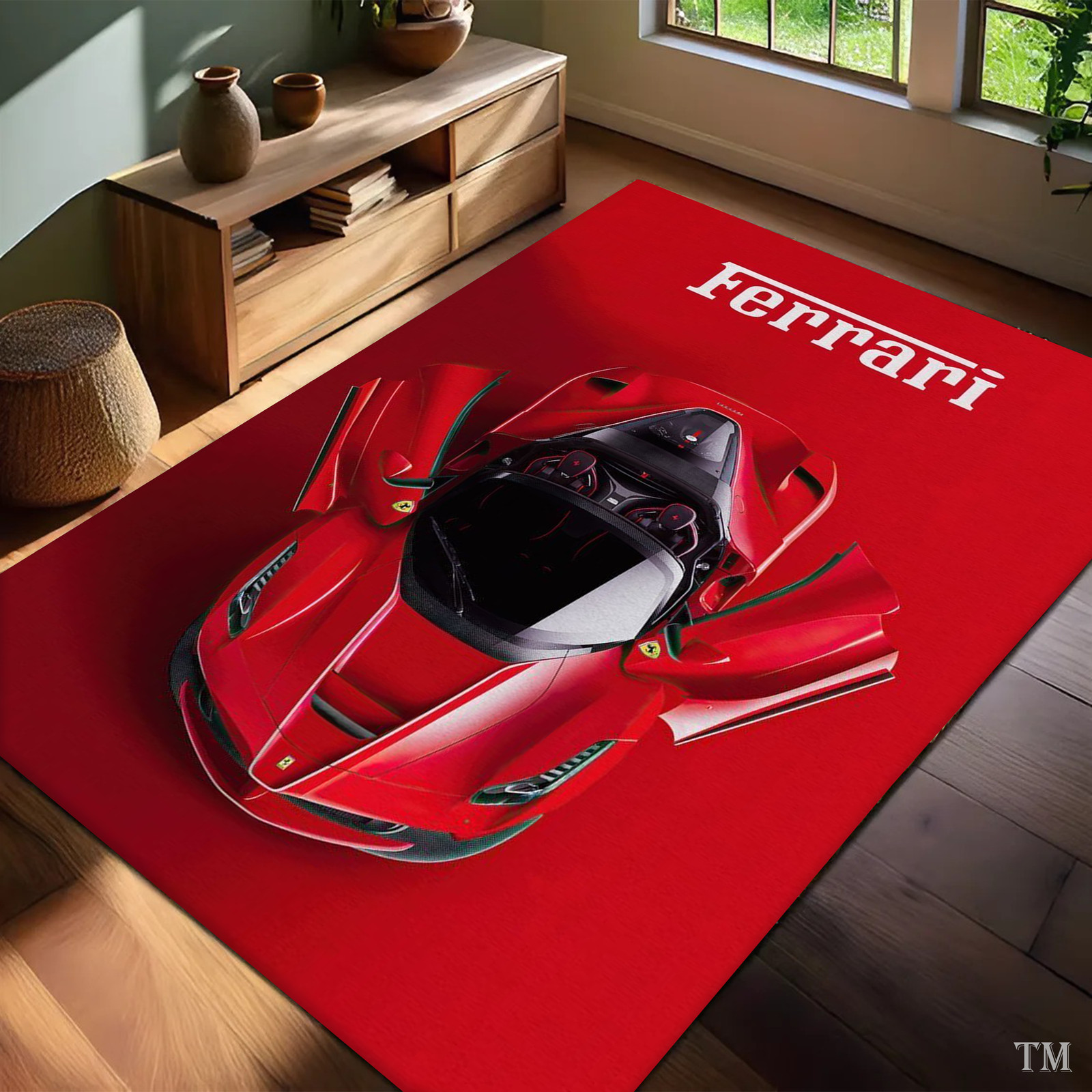 Red Supercar Area Rug – Luxury Sports Car Garage Decor for Men