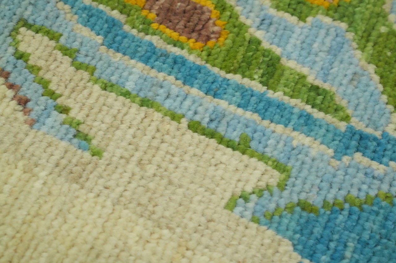 Oushak Hues of Green & Blue 9×12 Large Area Rug Geometric Wool Hand-Knotted