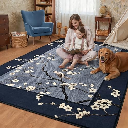 5×7 Area Rugs for Living Room, Washable Oriental Floral 5×7 Feet Navy Blue