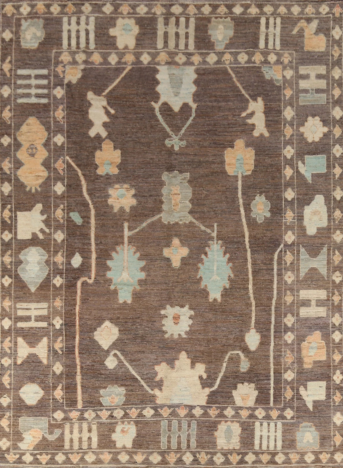 Hand Knotted Oushak Rug Brown Blue Wool Area Rug Tribal Geometric Turkish