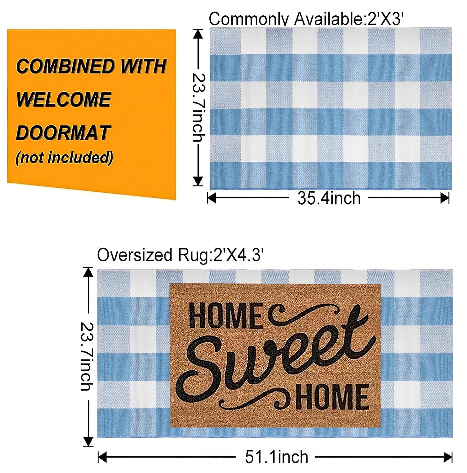 Front Porch Rug 24”x51”Light Blue and White Outdoor Rug Cotton Woven Washab…