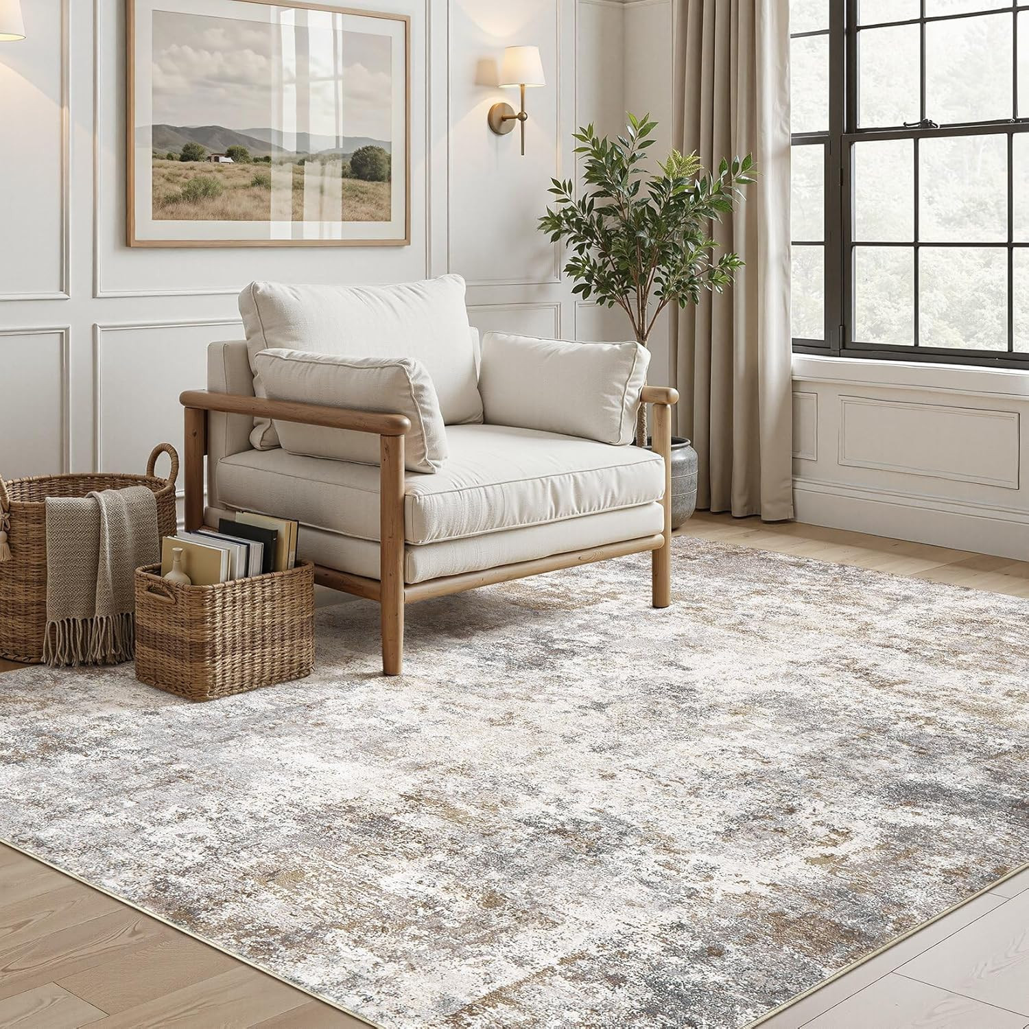 UERMEI 5X7 Area Rug Living Room Rugs – Washable Neutral Modern Abstract Soft Thi