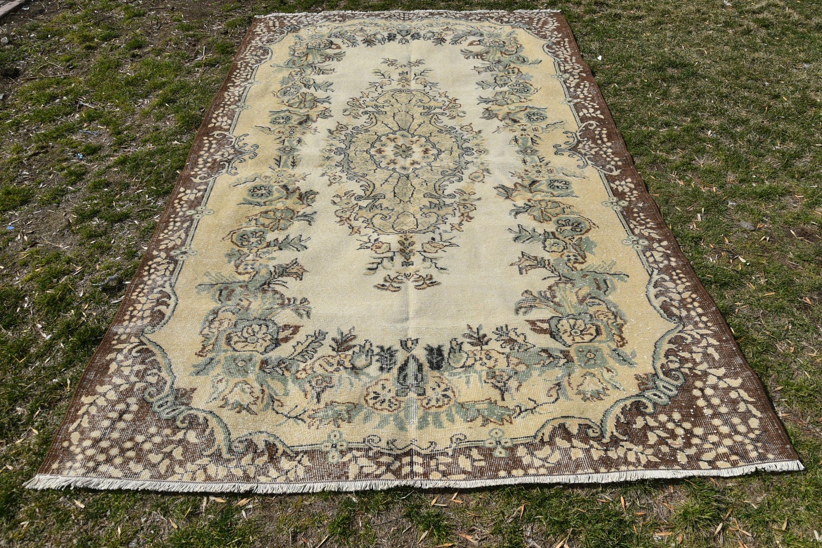 Vintage 6×9,3 ft Rug, Large Turkish Rug, Beige Brown Ombré Rug