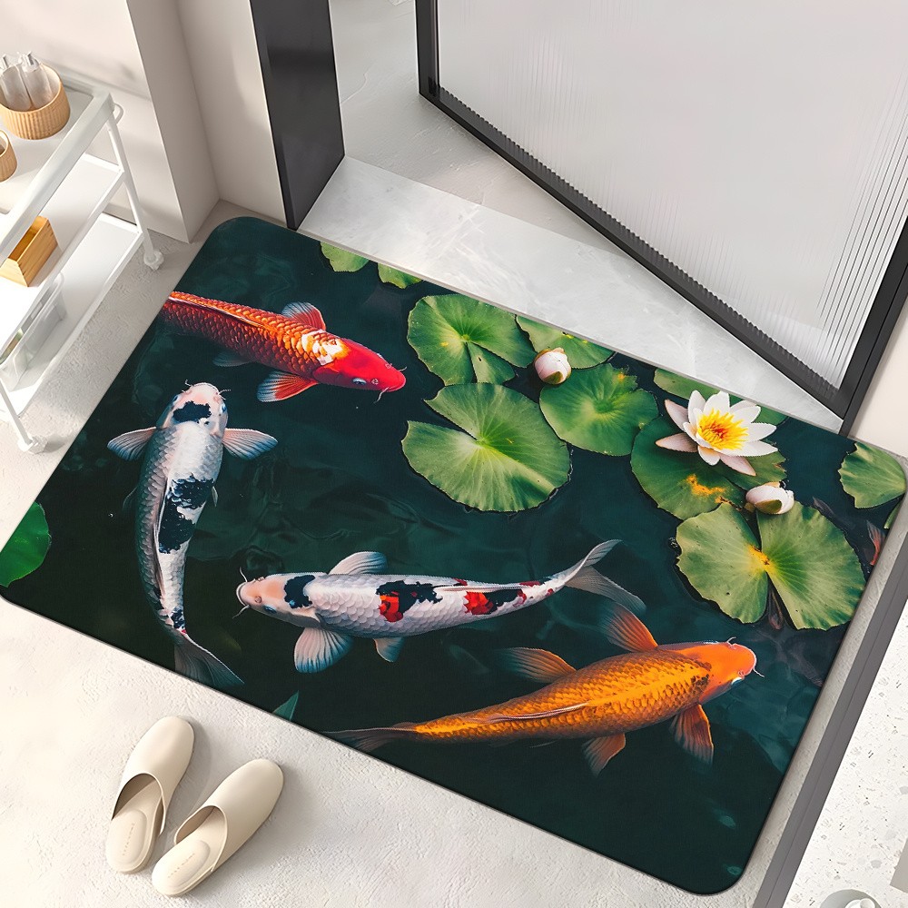1pc, Traditional Japanese Koi Fish Lotus Flower Design Door Mat Floor Mat ❀