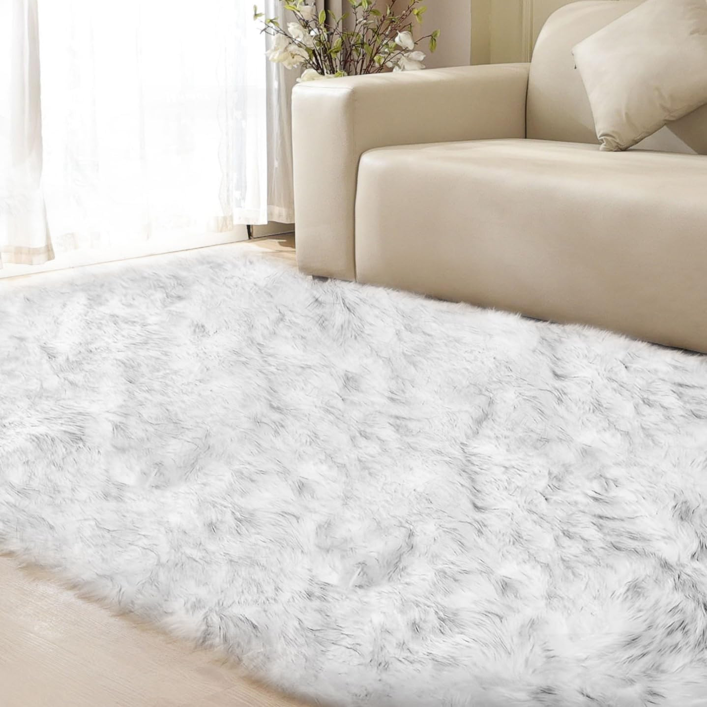 White and Grey Rug 8X10 Area Rugs for Living Room Machine Washable Shag Faux She