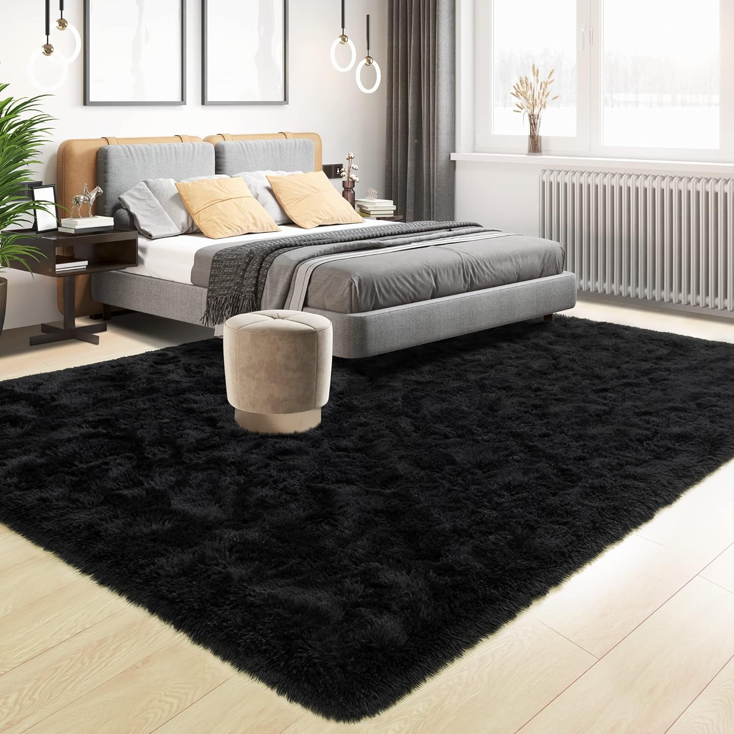Alfombra Suave y Peluda para Dormitorio Sala de Estar Negra 4 x 6 Pies Black