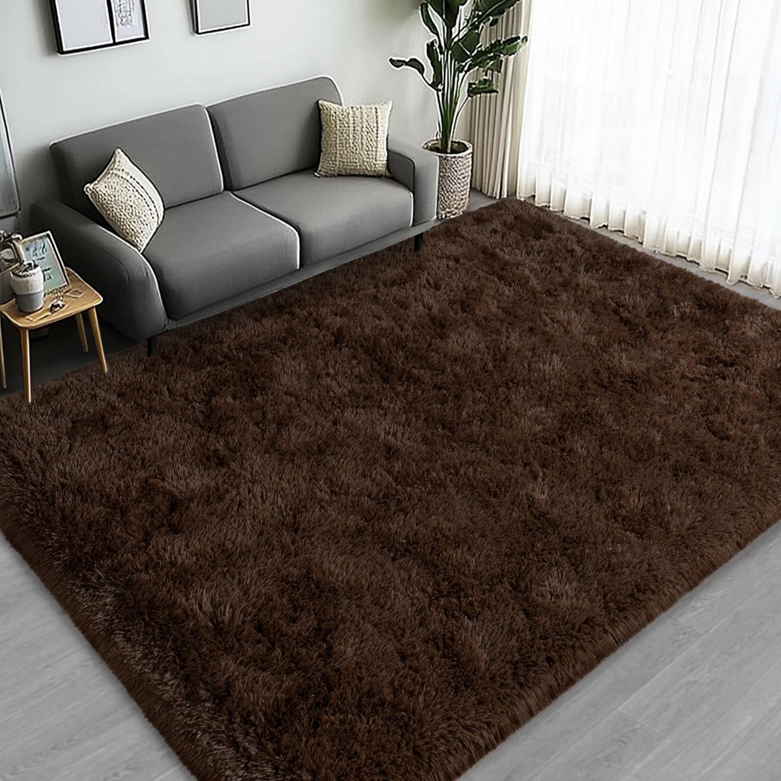 Lairep Large Area Rugs For Living Room Bedroom 5X7 Feet Brown Fluffy Shag Rugs