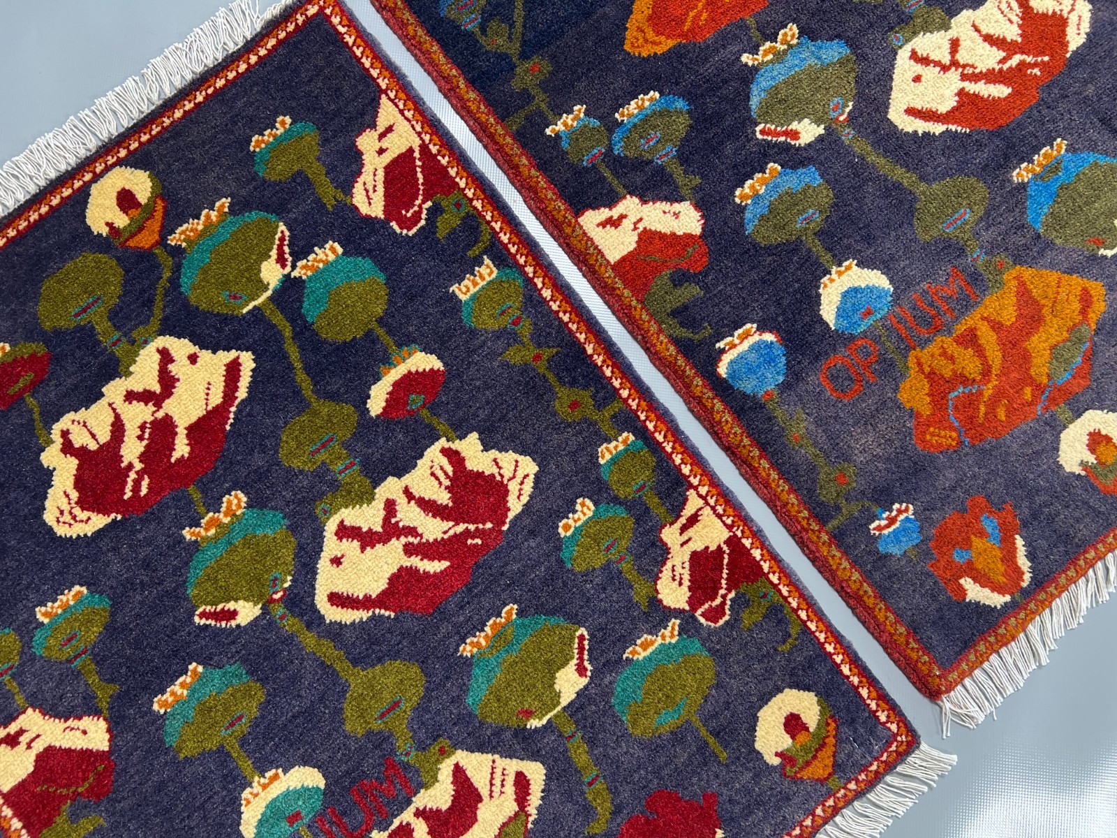 2×2 Set of 2 Afghan Opium Poppy Rugs Handmade Wool Floral Tribal Accent Carpets