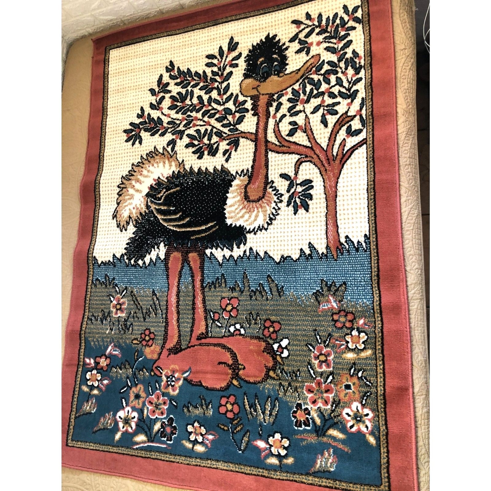 Vintage Cartoon Ostrich Tapestry Rug 49×69 NWOT Woven Wall Hanging Retro Kids