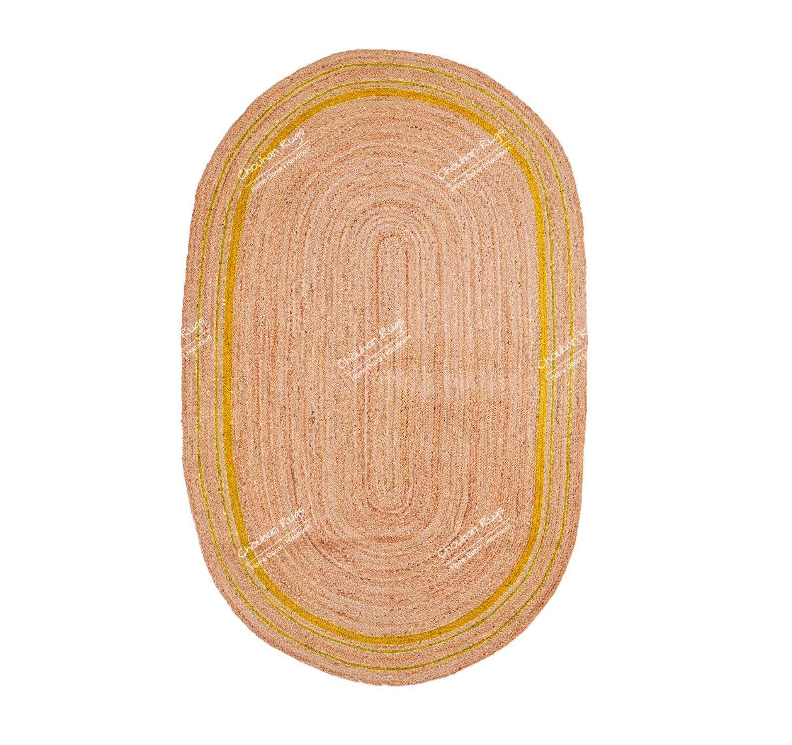 Vintage style Handmade Beige with Yellow Border Oval Jute Boho Home Decor Rugs