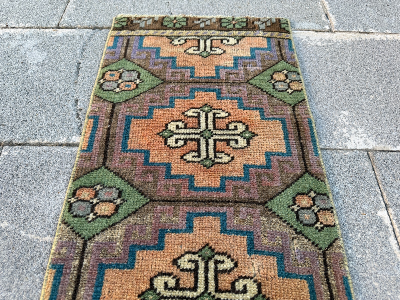Vintage Turkish Rug 1.2×2.8 Ft Handmade Wool Anatolian Area Rug Apricot Tribal